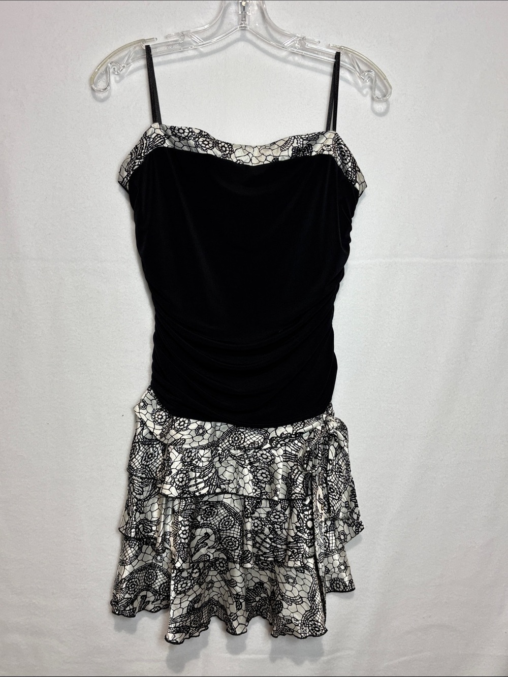 Vintage Y2K iZ Byer Tiered Lace Ruffle Mini Dress Black and White Women's XL